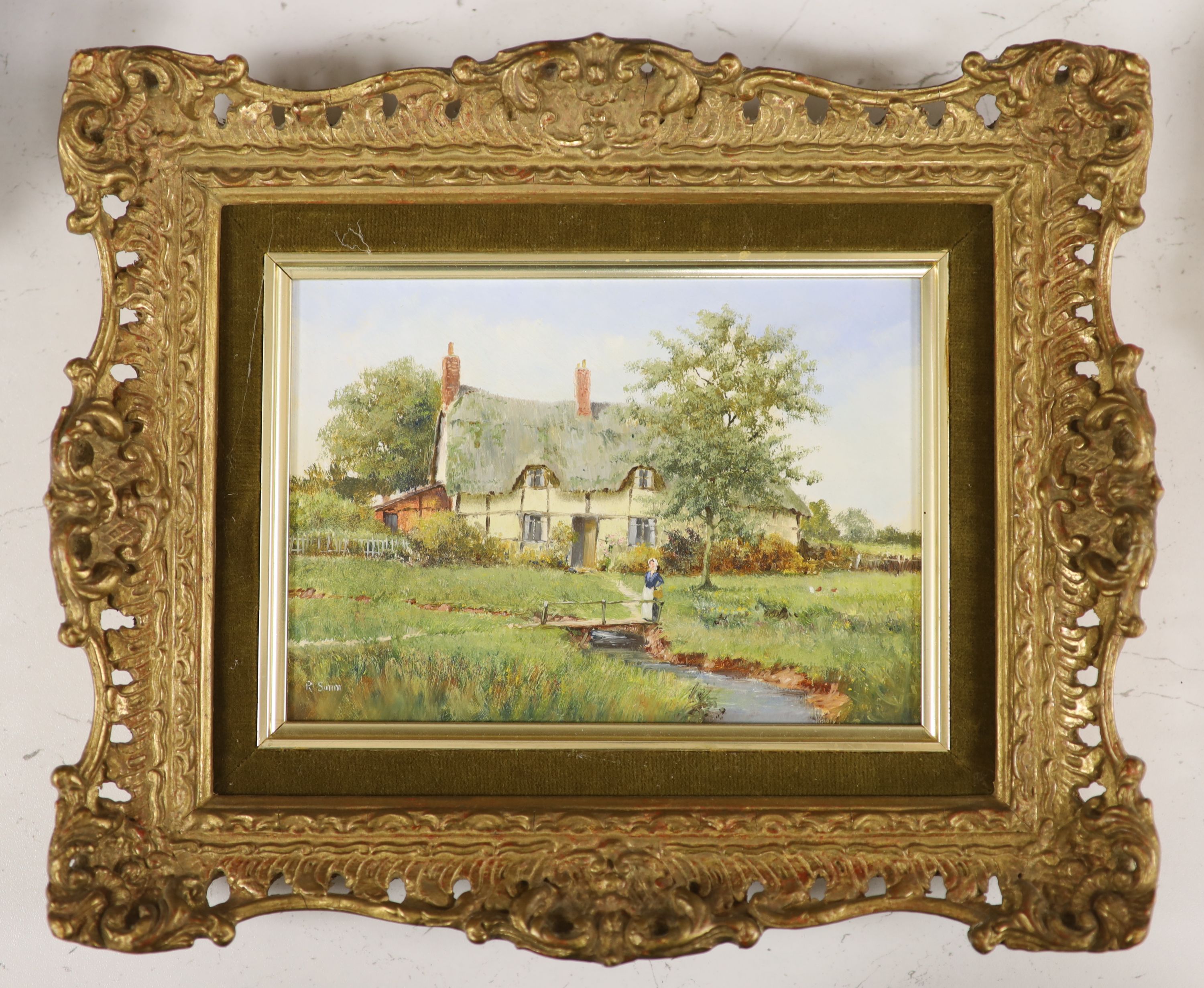 Richard Rhead Simm (b.1926), oil on panel, Woman beside a thatched cottage, signed, 12 x 17cm